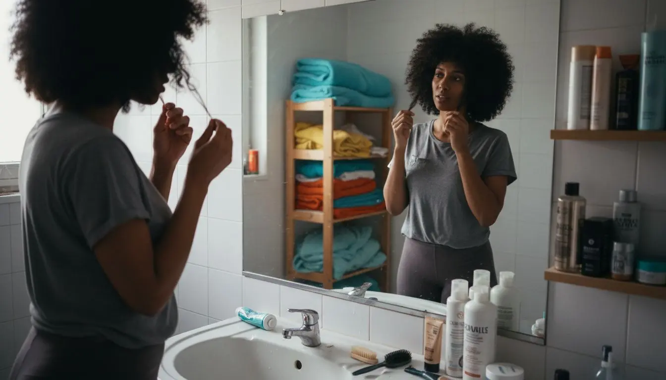 Devant son miroir, une femme observe attentivement la texture de ses cheveux afro.
