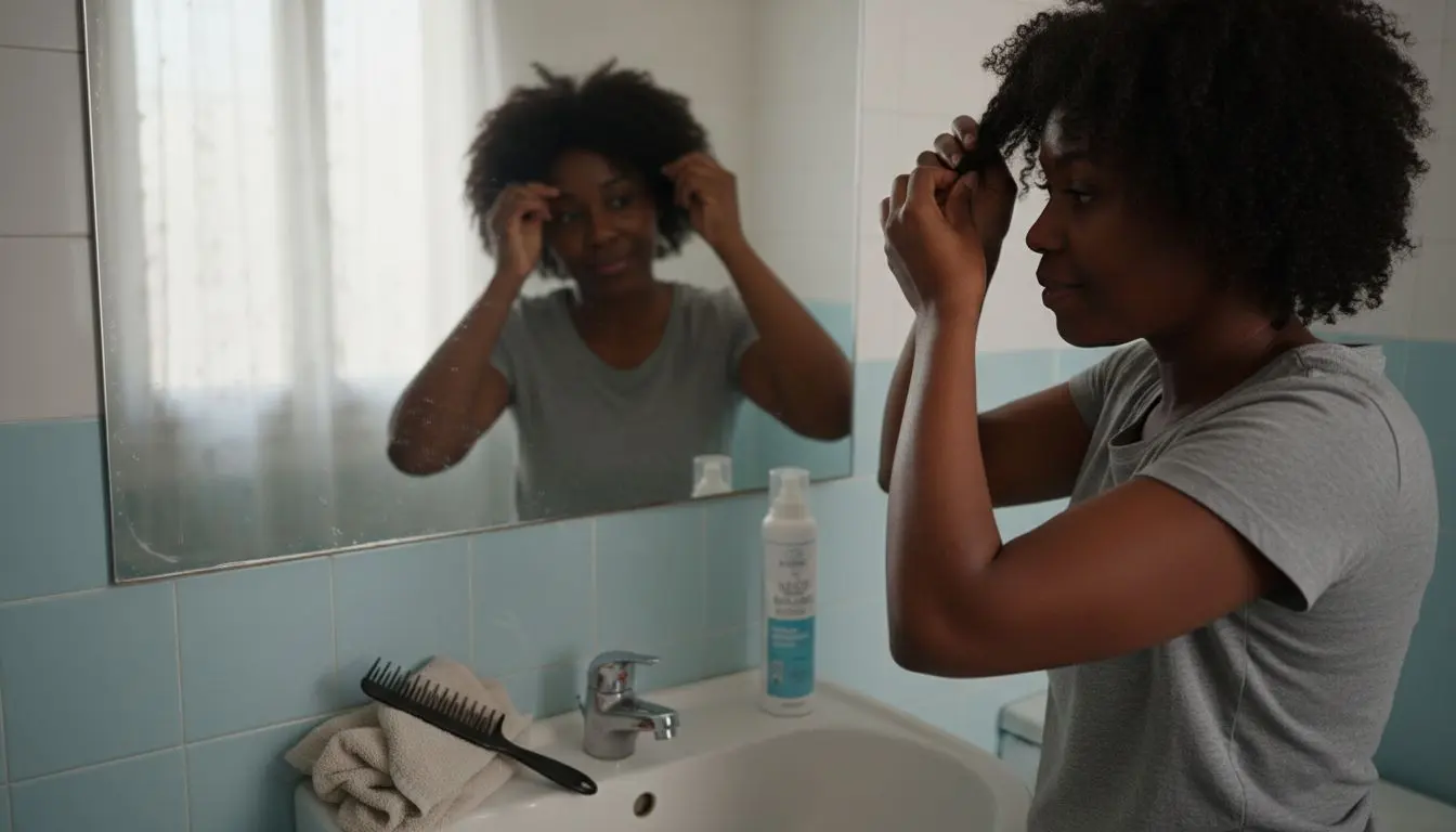 Une femme s’occupe de ses cheveux crépus devant le miroir de la salle de bain.