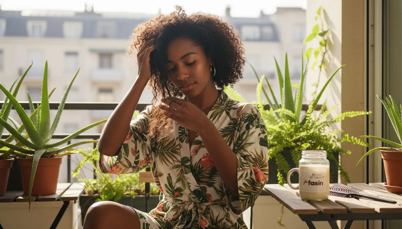 Une femme afro prend soin de ses cheveux naturels en plein air, profitant des bienfaits de la nature pour sa routine capillaire.