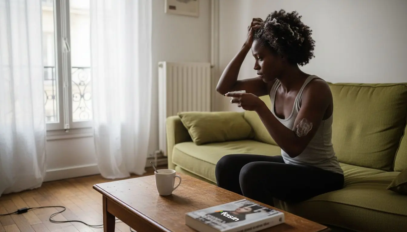 Une femme noire prend soin de ses cheveux en appliquant un masque capillaire, confortablement installée dans son salon.