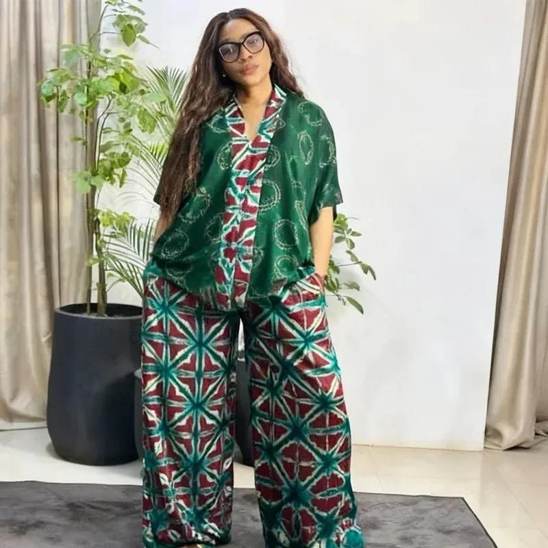 Ensemble de vêtements africains 2 pièces pour femmes, mode d'été, haut à manches courtes et col en V, pantalon long assorti, Dashiki, vêtements africains