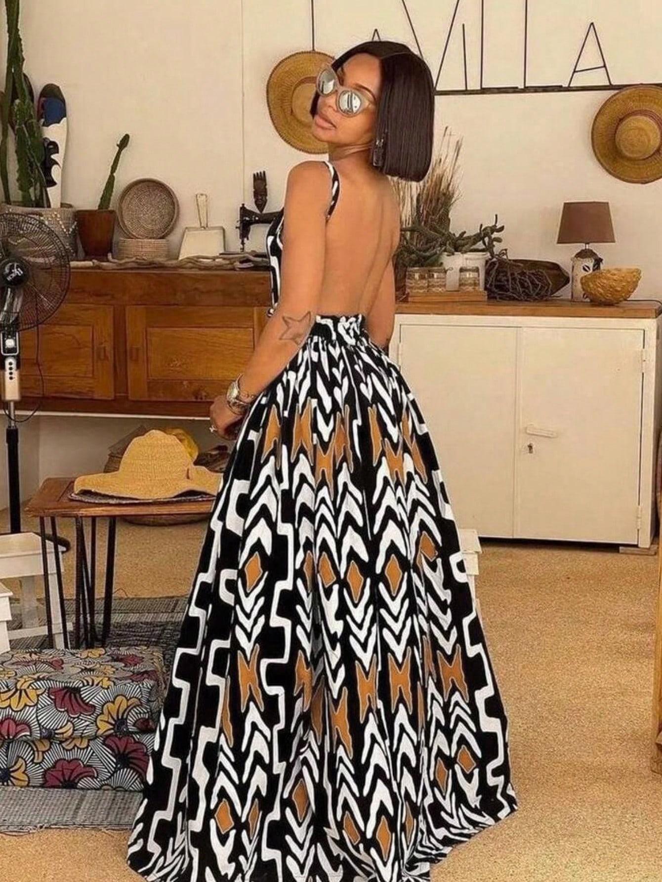 Robe Longue Maxi Imprimé Géométrique Africain - Dos Nu, Col V