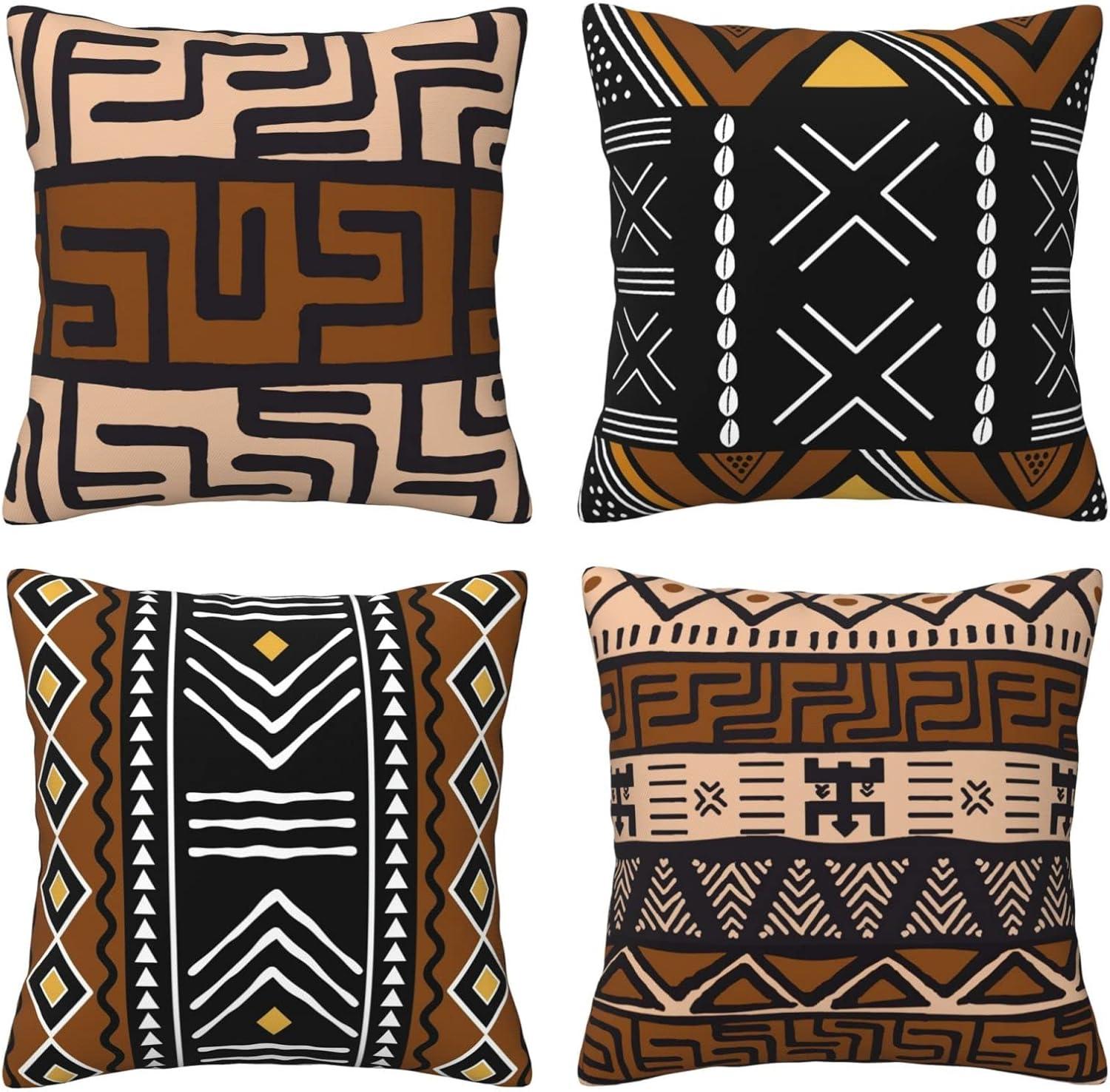 Lot de 4 Housses de Coussin Mudcloth Africain 50x50cm - Motif Tribal Kuba