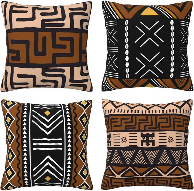 Lot de 4 Housses de Coussin Mudcloth Africain 50x50cm - Motif Tribal Kuba