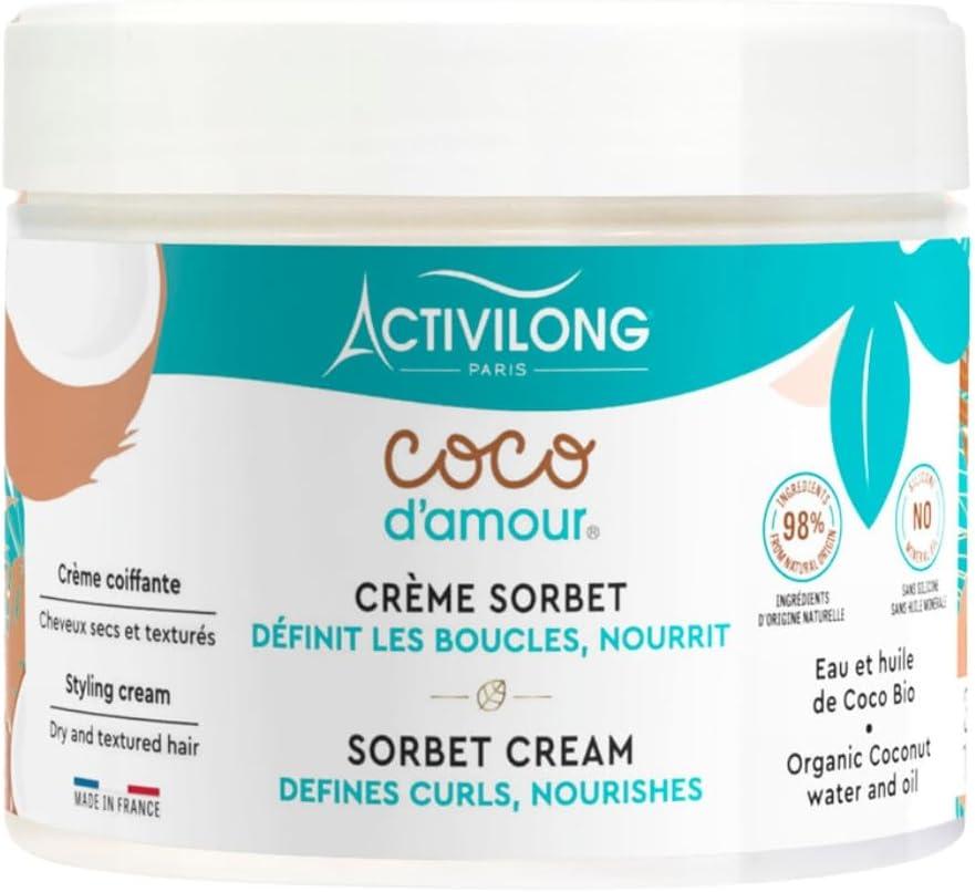 ACTIVILONG - Crème Sorbet Coco D'Amour - Sans Rinçage - Cheveux Secs Et Texturés - Nourrit Et Définit Les Boucles - 98% D'Ingrédient Naturels - Made I