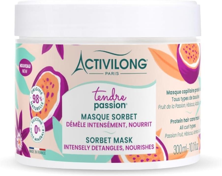 ACTIVILONG - Masque Sorbet Tendre Passion - Cheveux Ondulés, Bouclés, Frisés et Crépus - 98% d'ingrédients d'origine naturelle - Sans Silicone - Sans