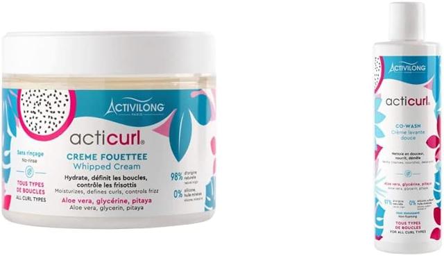 Crème Fouettée Cheveux Ondulés et Bouclés Activilong Acticurl Aloe Vera Glycérine Pitaya 300 ml & Co-Wash Crème Lavante Douce Après-Shampooing Cheveux