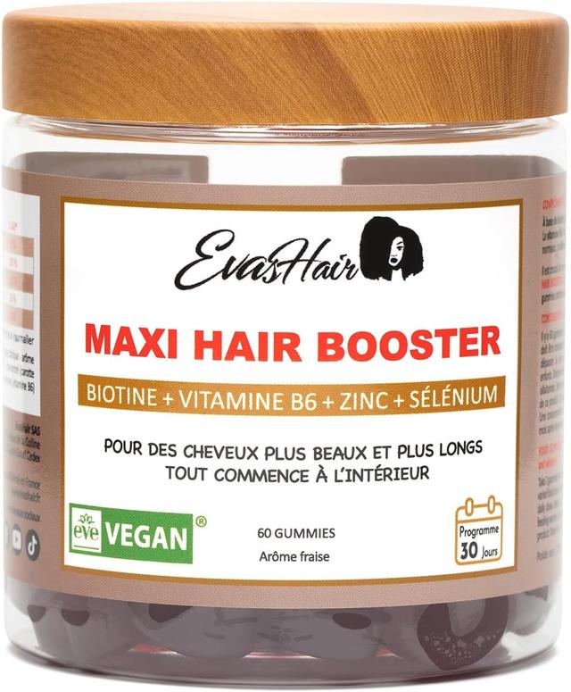 EvasHair - Maxi Hair Booster - Croissance et Fortification des Cheveux Crépus, Frisés, Bouclés - Biotine + Vitamine B6 + Zinc + Sélénium - Gummies Veg