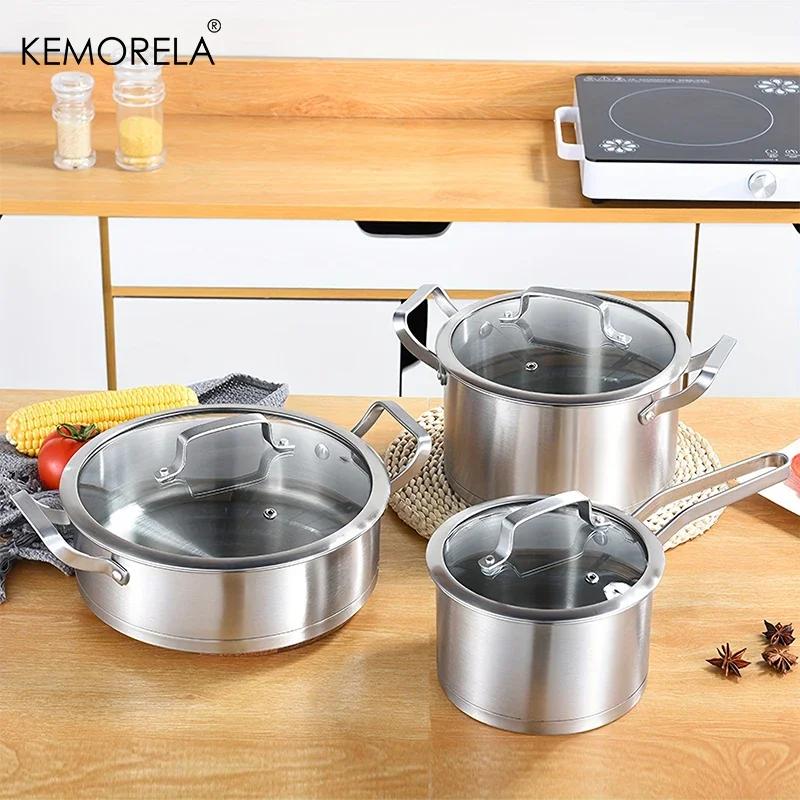 Batterie de Cuisine 3 Pièces Inox - Casseroles Épaisses pour Cuisine Afro-Caribéenne