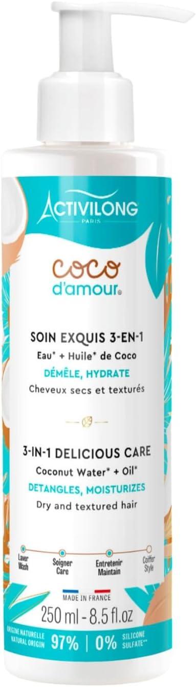 ACTIVILONG - Soin Exquis 3-En-1 Coco D'Amour - Cheveux Secs Et Texturés - Démêle Et Nourrit - 97% D'Ingrédients Naturels - Testé Et Approuvé Par Un Ju