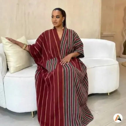Robe Africaine Élégante Femme Rayée – Robe Longue Ample à Col V avec Poches