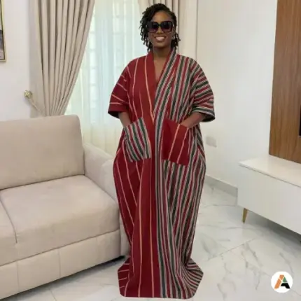 Robe Africaine Élégante Femme Rayée – Robe Longue Ample à Col V avec Poches