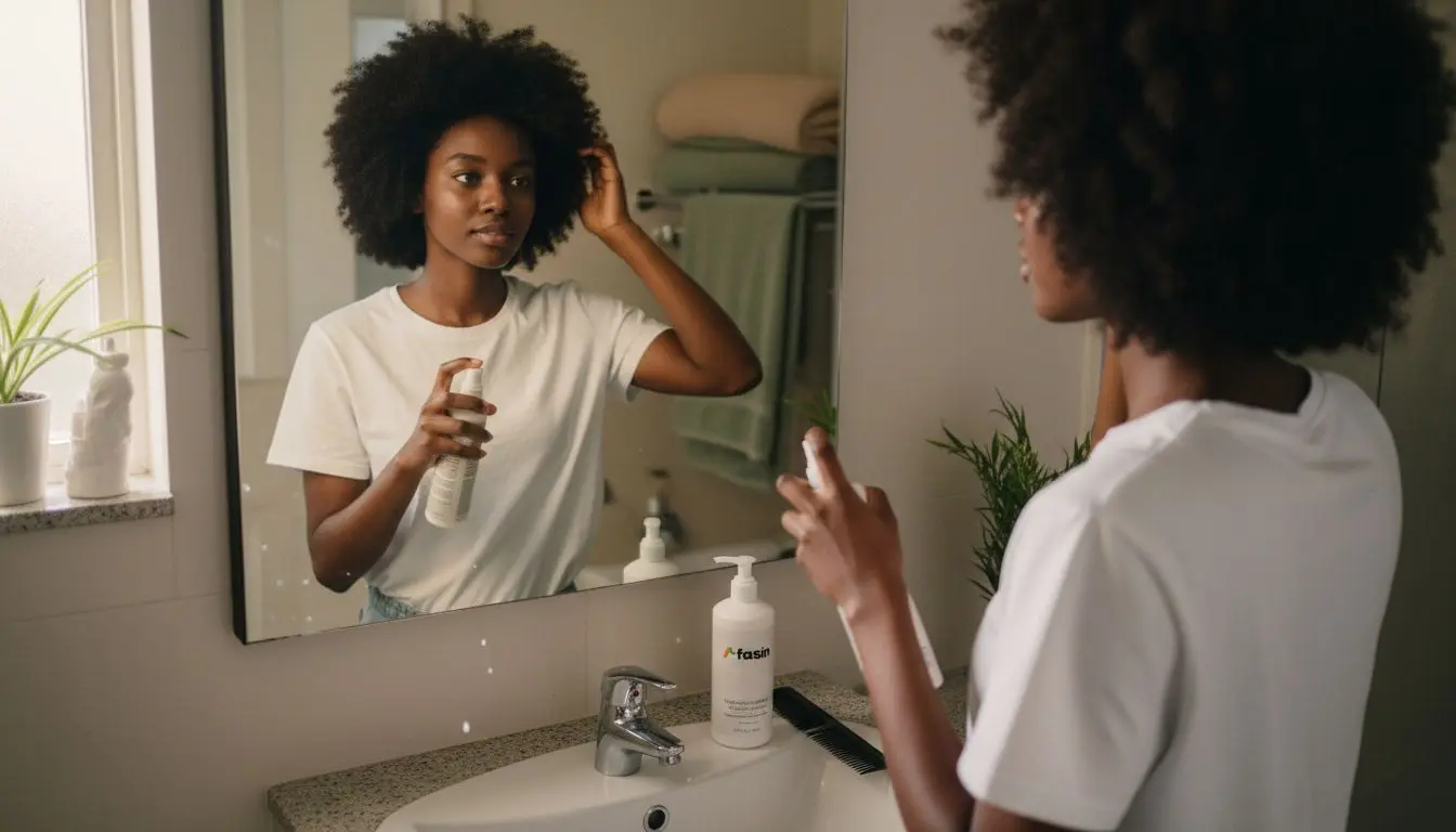 Devant son miroir, une femme prend soin de ses cheveux crépus en les hydratant.