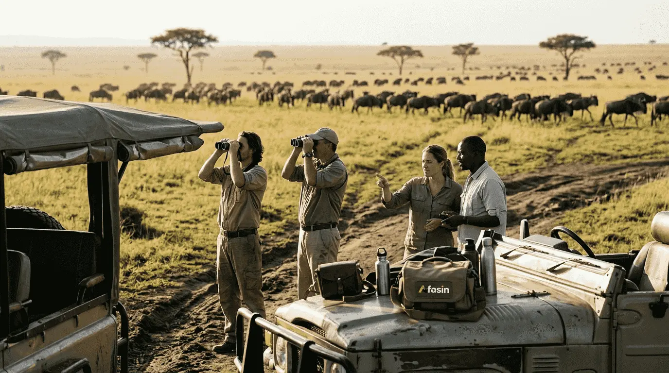 Au lever du soleil, des voyageurs sillonnent la savane africaine à bord de leur 4x4, prêts à vivre l’aventure.