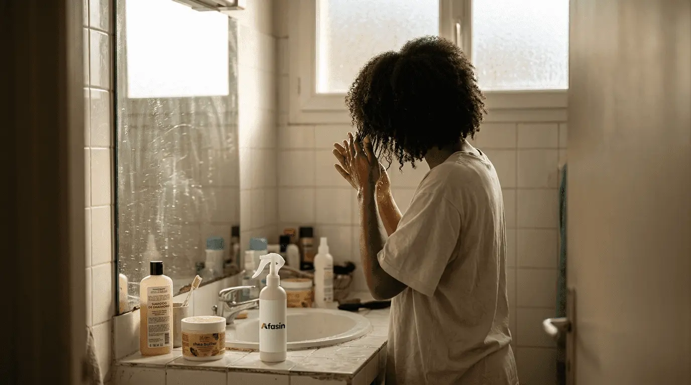 À la maison, une jeune femme prend soin de sa chevelure afro en appliquant un soin hydratant.