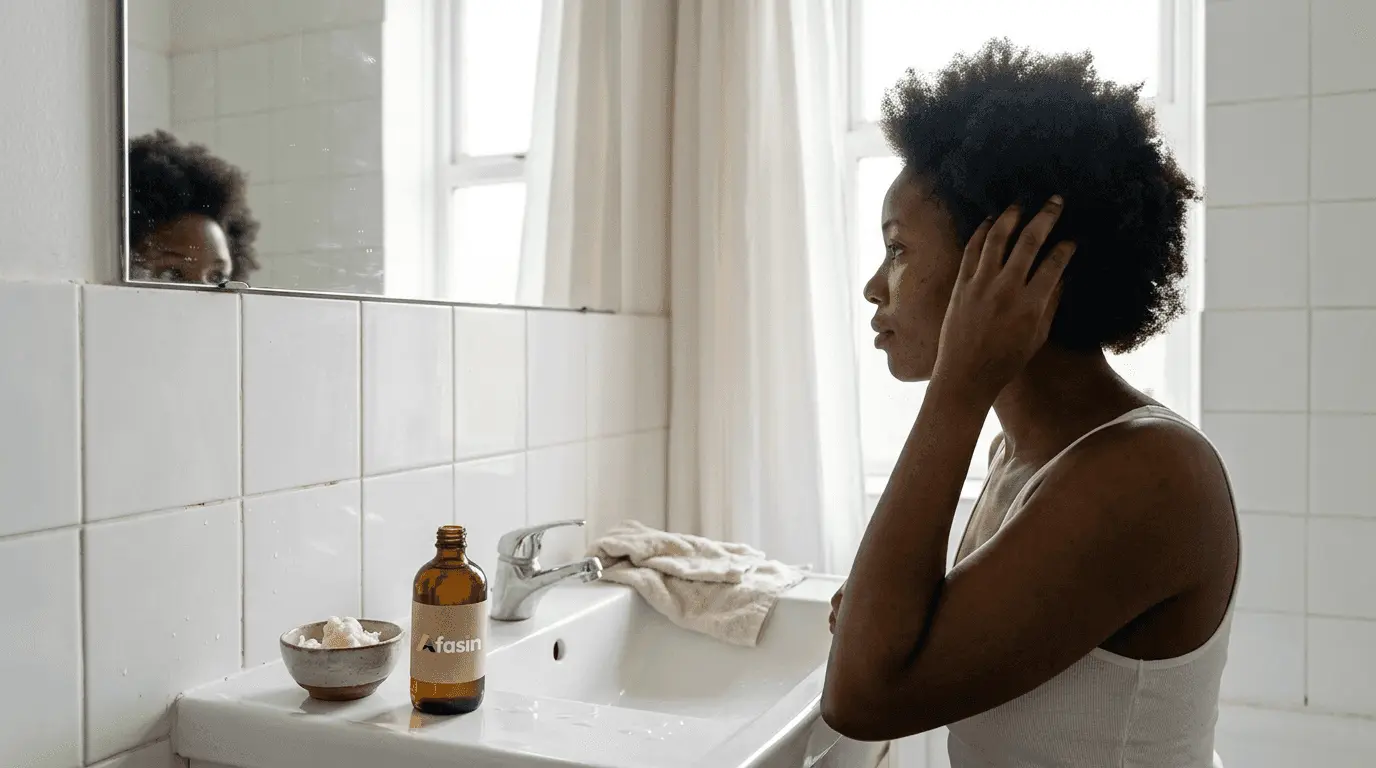Une femme prend soin de sa chevelure afro devant le miroir de sa salle de bain.
