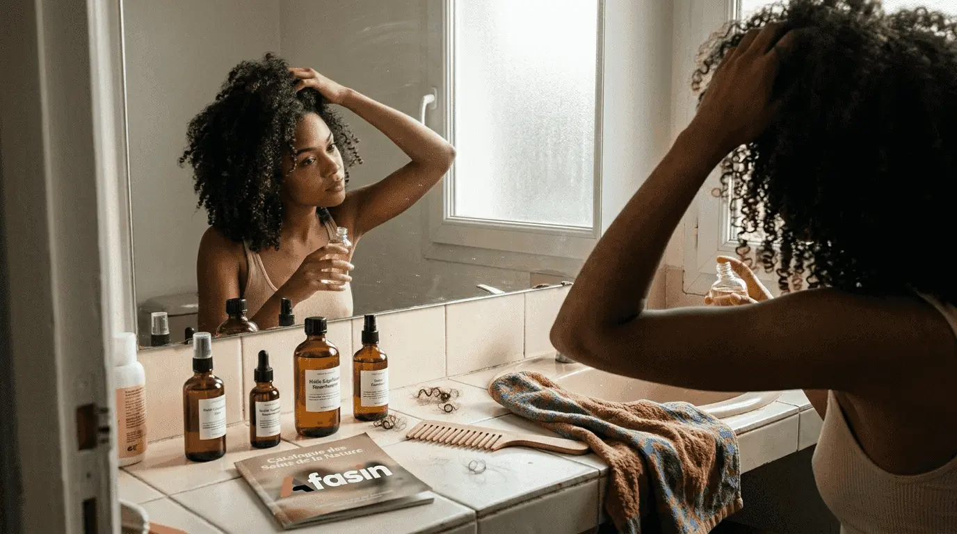 Une femme prend soin de ses boucles en appliquant une huile végétale sur ses cheveux.